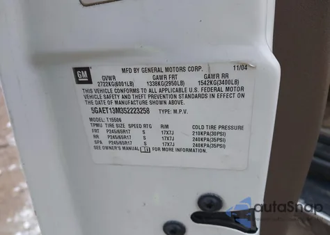 2005 Buick Rainier Cxl из США, поврежденный, VIN 5GAET13M352223258